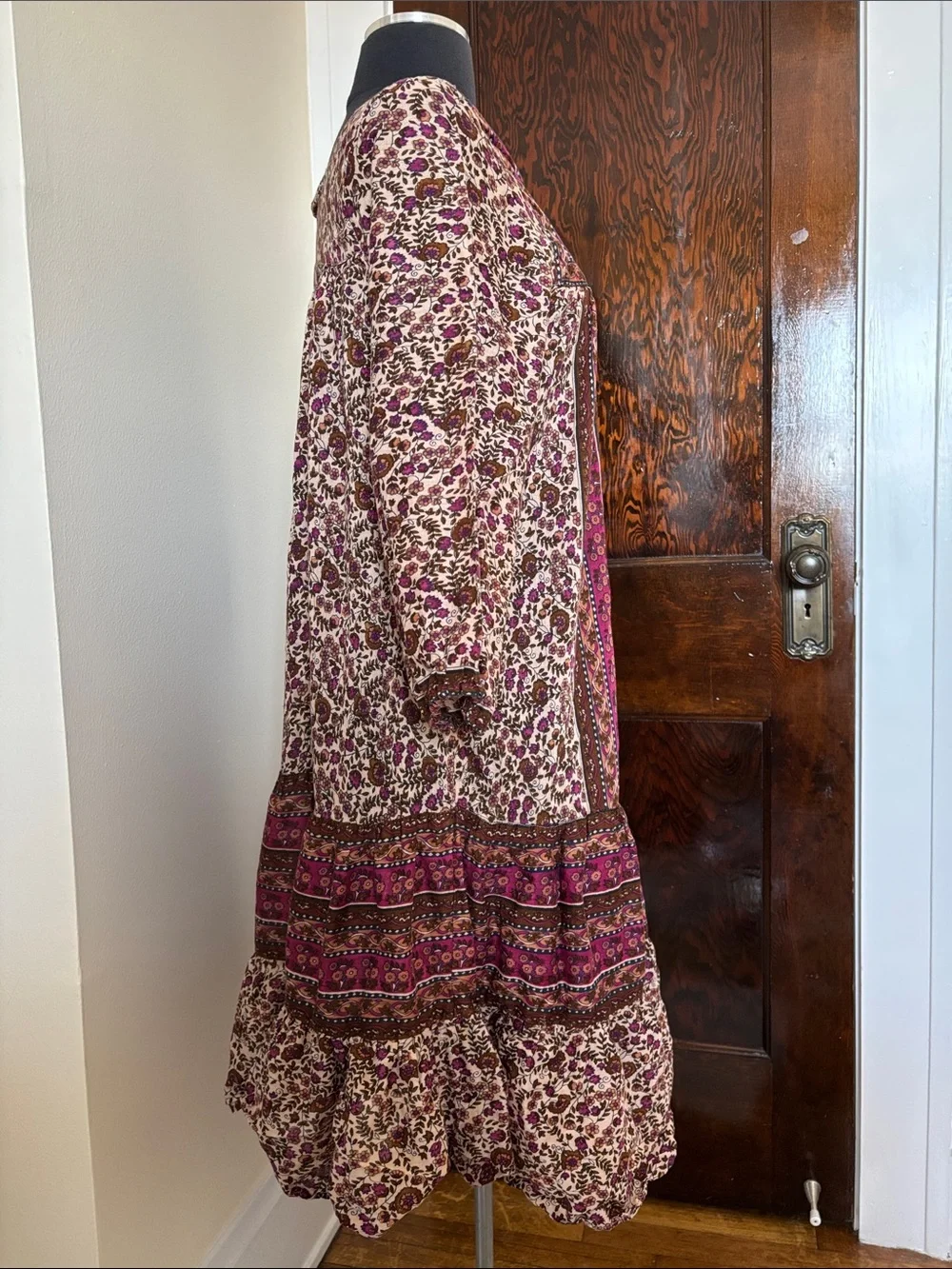 1970s Vintage Bohemian Floral Pink and Brown Midi Dress Kaiser 100% Cotton Flowy - Picture 5 of 11